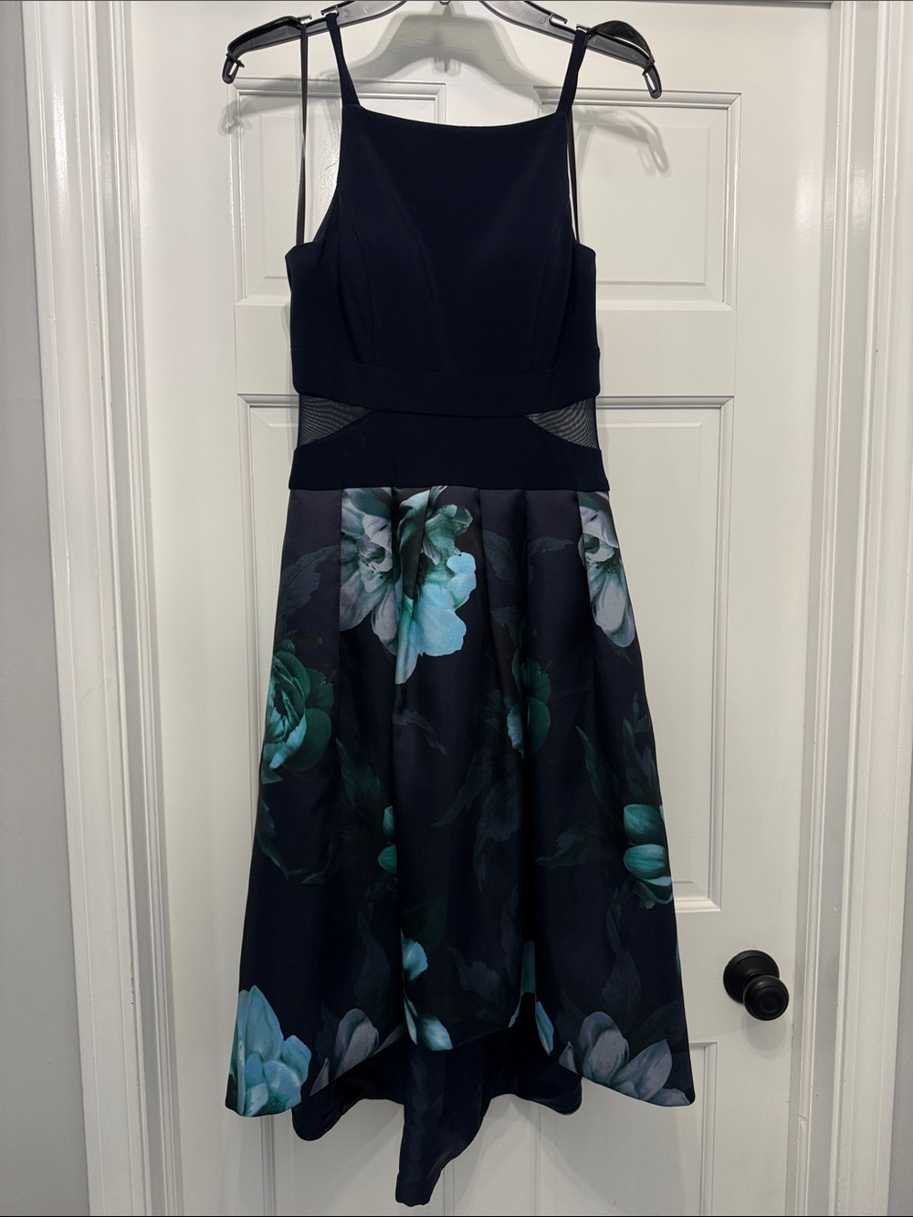 Xscape Navy Dress with Teal Floral High-Low Skirt